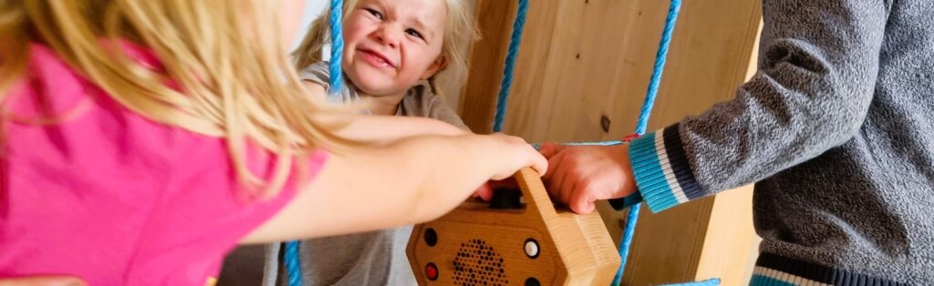 Drei Kinder streiten sich um ihren Dudel: Alle wollen Musik hören.